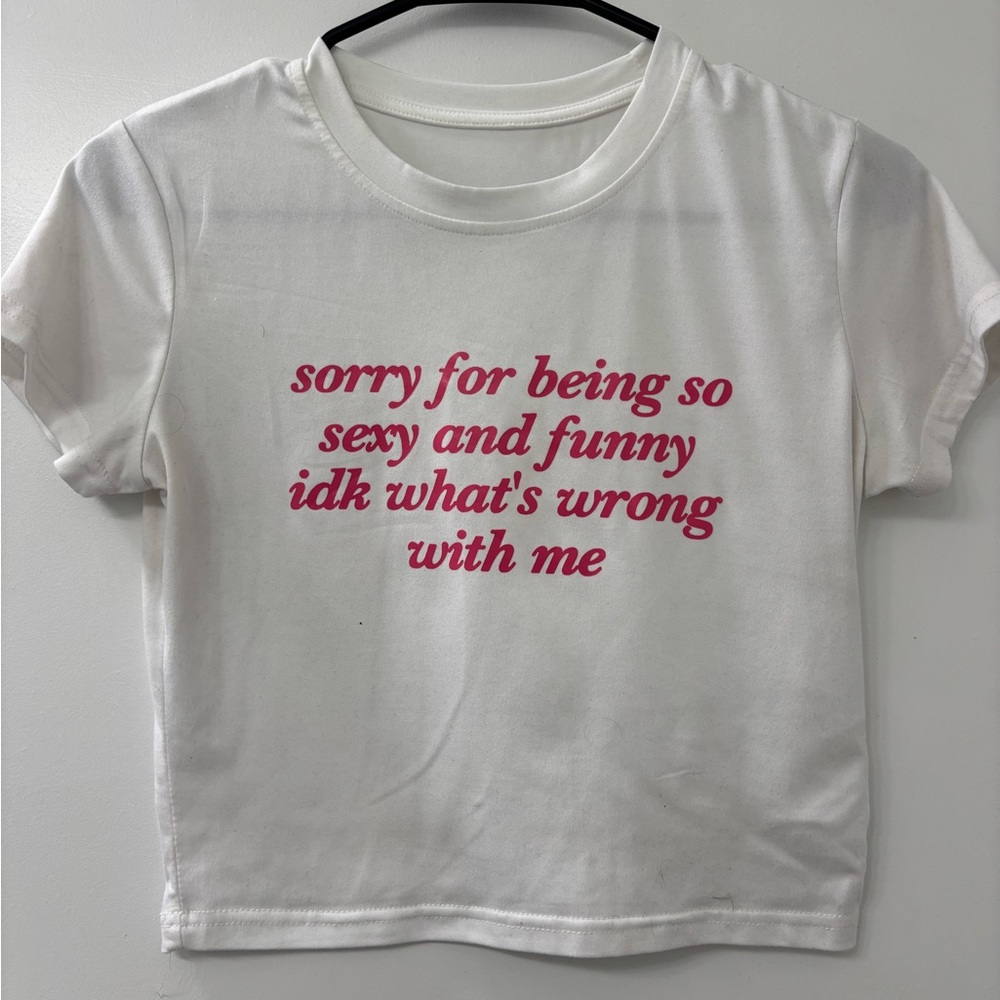 SHEIN fun White T-Shirt with Pink Text
